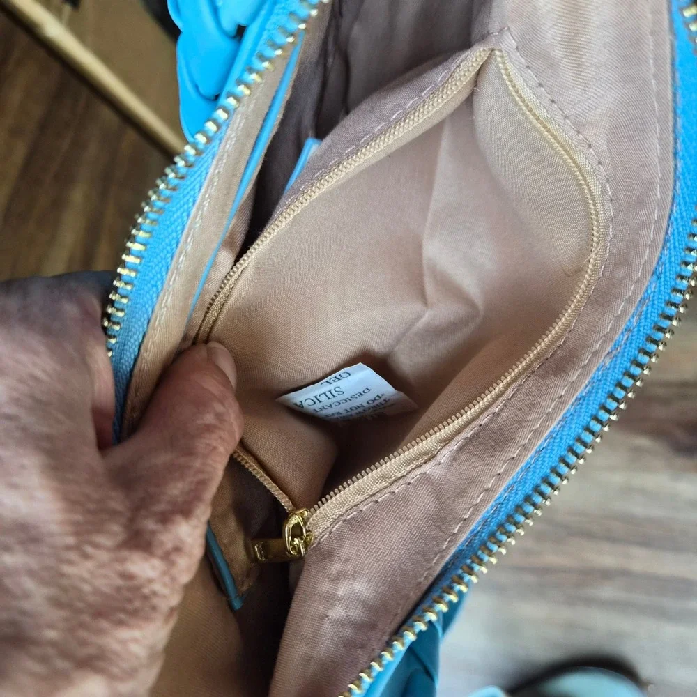Jules‎ Kae Blue Vegan Leather Crescent Crossbody Bag Whipstitch Trim Gold PETA